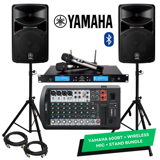 Yamaha StagePas 600BT Portable PA w/ Bluetooth Complete Bundle with 2 Wireless Mics and Speaker Stands