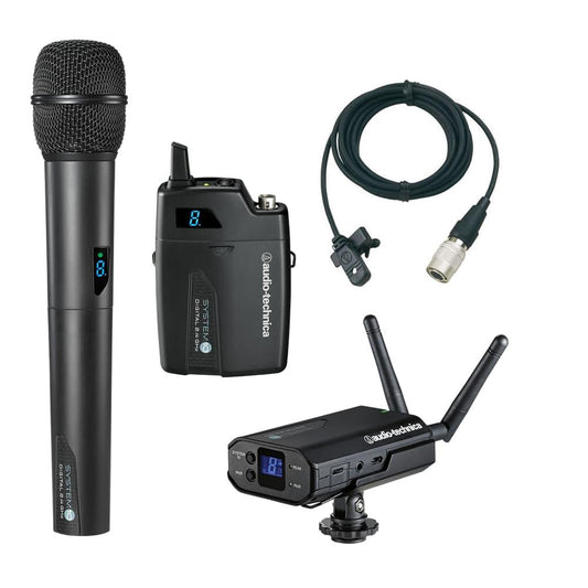 Audio-Technica-System-10-Camera-mountset-handheld-beltpack-MT830cw-clip-on-mic